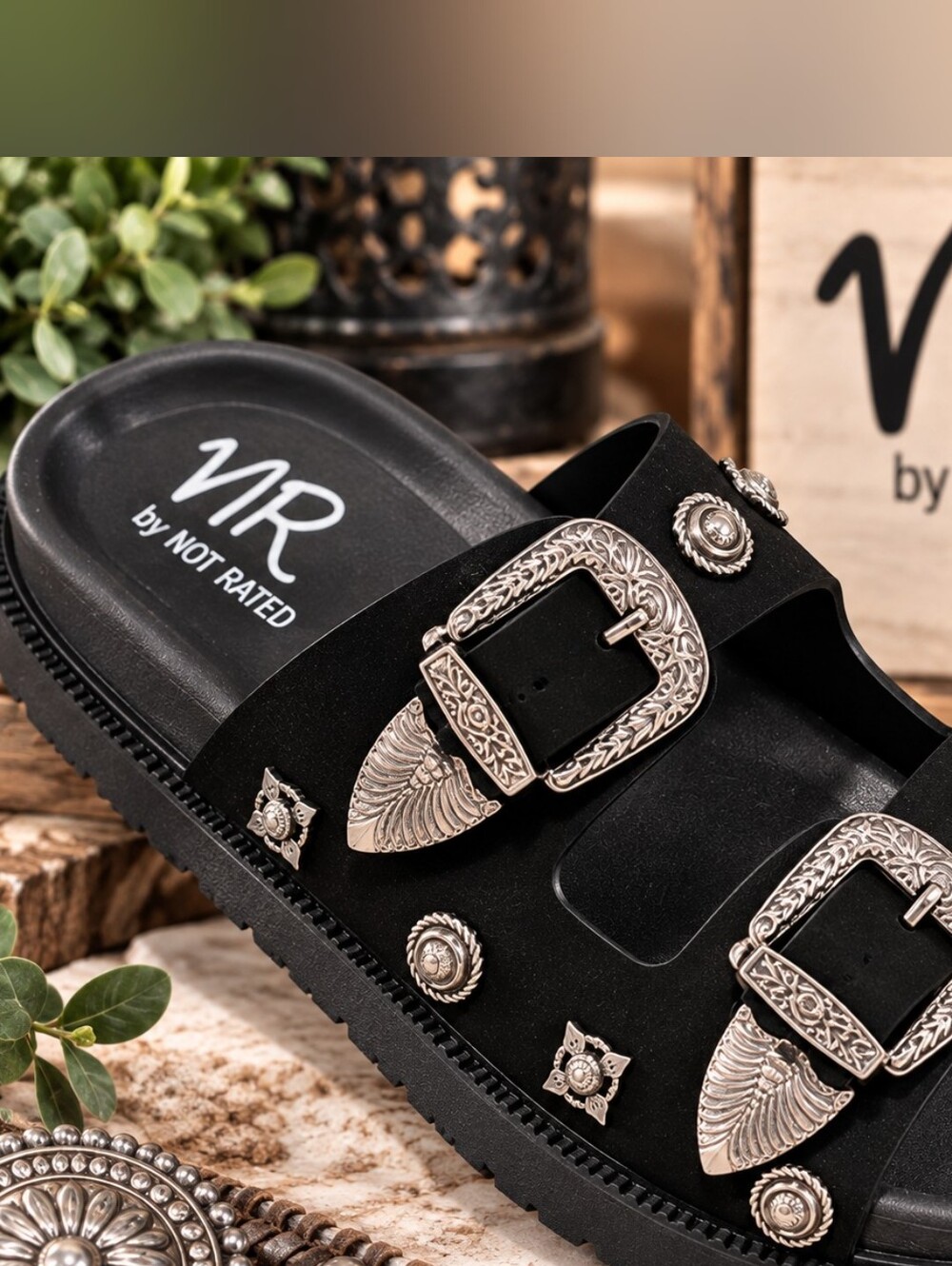 NR by Not Rated Black Western Concho Double Buckle Slide Sandals–New Without Box